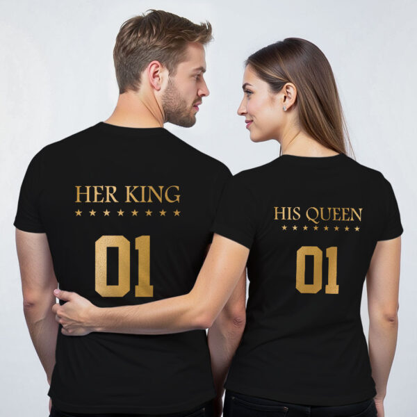 Black Cotton Her King His Queen Gold Printed Couple T-shirt