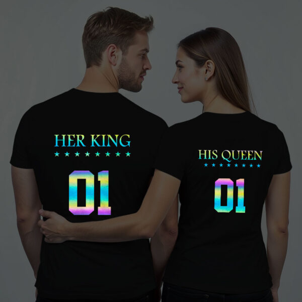 Black Cotton Her King His Queen Couple Rainbow Reflective T-shirt
