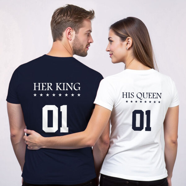 Nblue White Cotton Her King His Queen Couple T-shirt