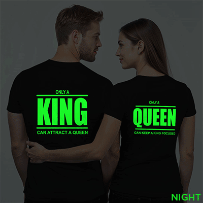 Black Cotton King Queen Couple Glow In The Dark T-shirt