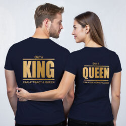 Nblue Cotton King Queen Gold Printed Couple T-shirt