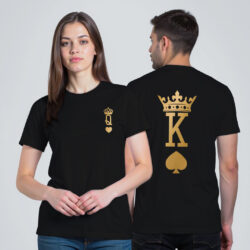 Black Cotton King Queen Rummy Gold Printed Couple T-shirt