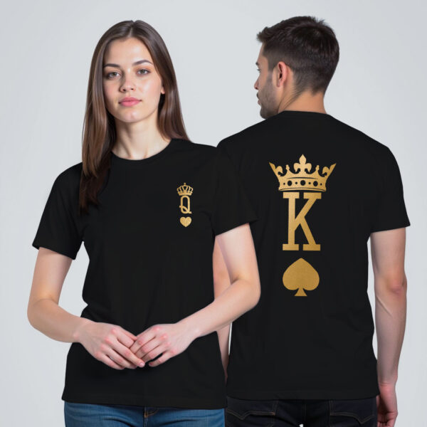 Black Cotton King Queen Rummy Gold Printed Couple T-shirt