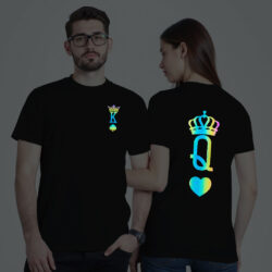Black Cotton King Queen Rummy Couple Rainbow Reflective T-shirt