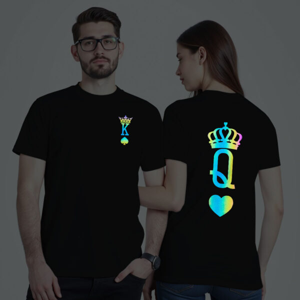 Black Cotton King Queen Rummy Couple Rainbow Reflective T-shirt