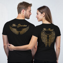Black Cotton Her Guardian His Angel Gold Printed Couple T-shirt