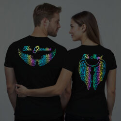 Black Cotton Her Guardian His Angel Couple Rainbow Reflective T-shirt