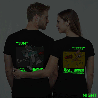 Black Cotton Tom and Jerry Shot Couple Glow In The Dark T-shirt