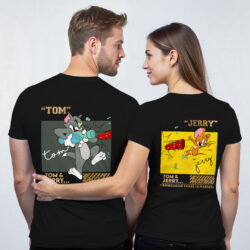 Black Cotton Tom and Jerry Shot Gold Printed Couple T-shirt