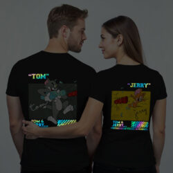 Black Cotton Tom and Jerry Shot Couple Rainbow Reflective T-shirt