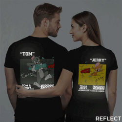 Black Cotton Tom and Jerry Shot Reflective Couple T-shirt