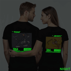 Black Cotton Tom and Jerry Funny Couple Glow In The Dark T-shirt