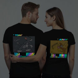 Black Cotton Tom and Jerry Funny Couple Rainbow Reflective T-shirt