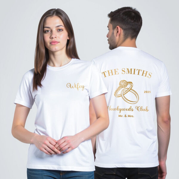 White Cotton Hubby Wifey Club Gold Printed Couple T-shirt