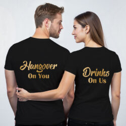 Black Cotton Hangover Hubby Wifey Gold Printed Couple T-shirt