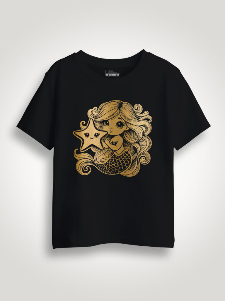 Cute Mermaid Gold Printed Kids T-shirt