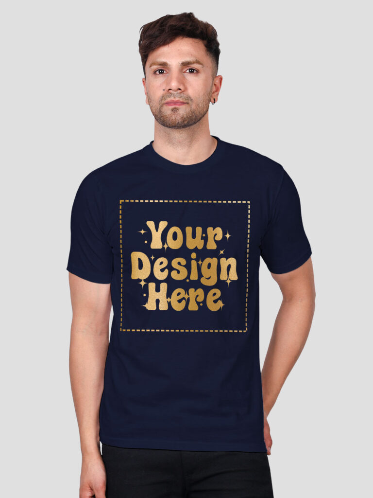 Man Customize Navy Blue Gold Printed Tshirt