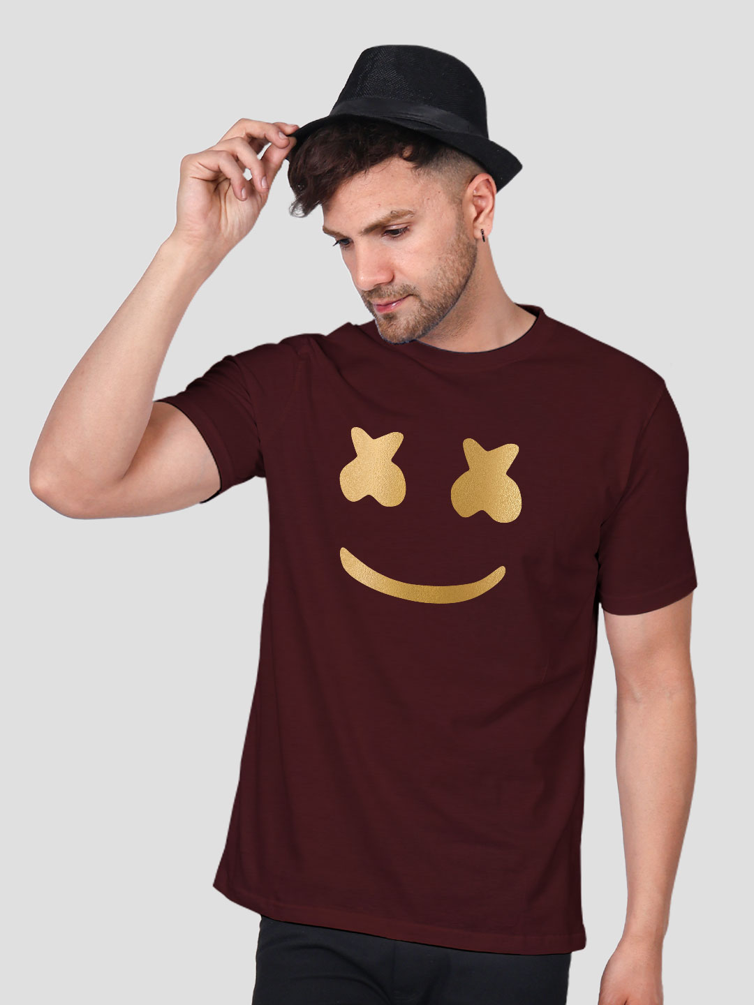 RA007-MAROON-MAN-HST-GOLD-(1) Maroon Cotton Marshmello Men Gold Printed T-shirt