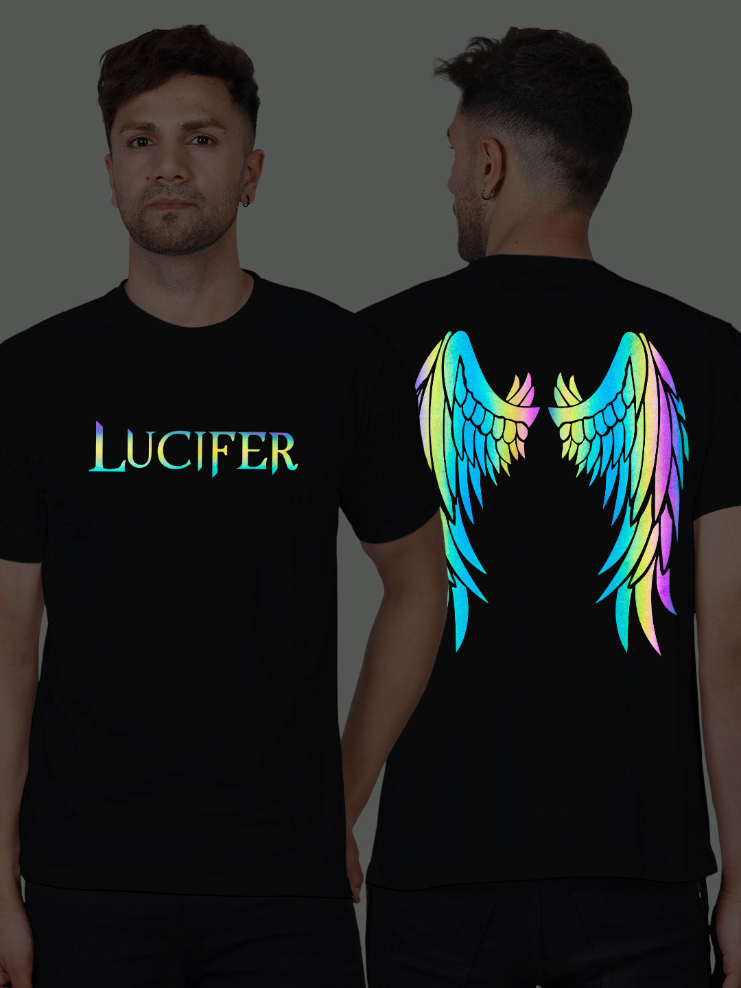 RA011-BLACK-MAN-HST-RAINBOW-(10) Black Cotton Lucifer Men Rainbow Reflective T-shirt