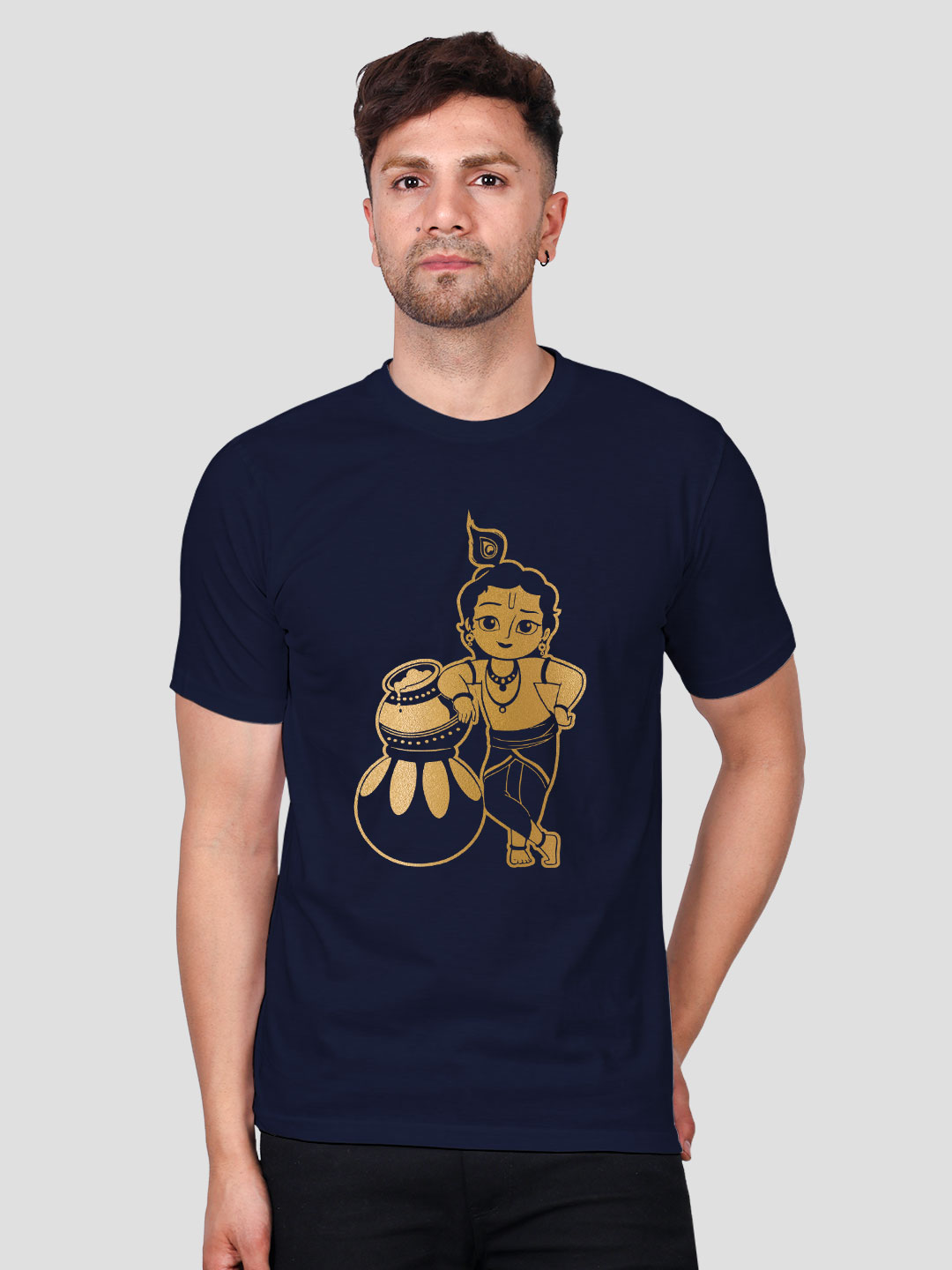 RA027-NBLUE-MAN-HST-GOLD-(1) Nblue Cotton Krishna Men Gold Printed T-shirt