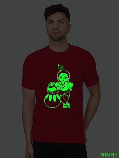 Red Cotton Krishna Men Glow in Dark T-shirt