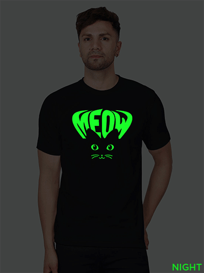 Black Cotton Meow Cat Eye Men Glow in Dark T-shirt