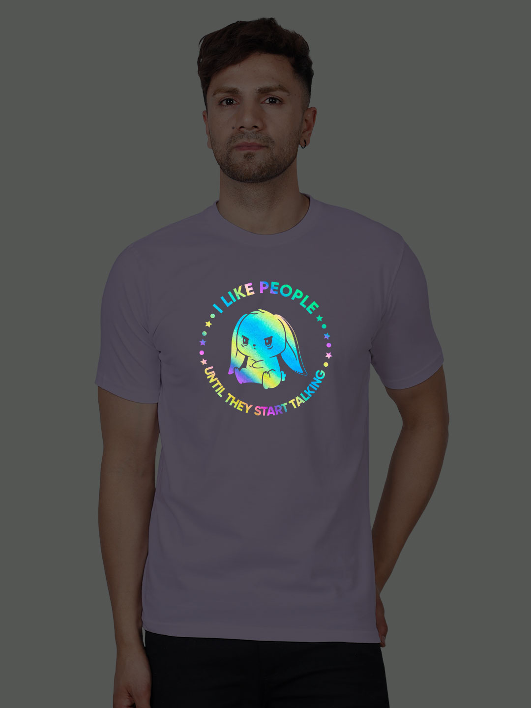 Lavender Cotton Cute Rabbit Like People Men Rainbow Reflective T-shirt