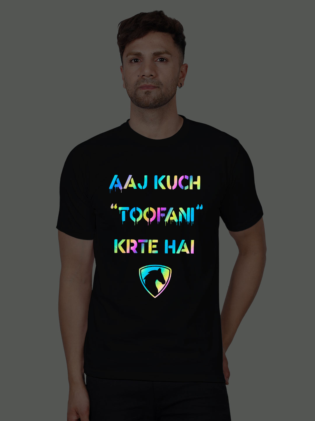 Black Cotton Aaj Kuch Toofani Karte Hai Men Rainbow Reflective T-shirt