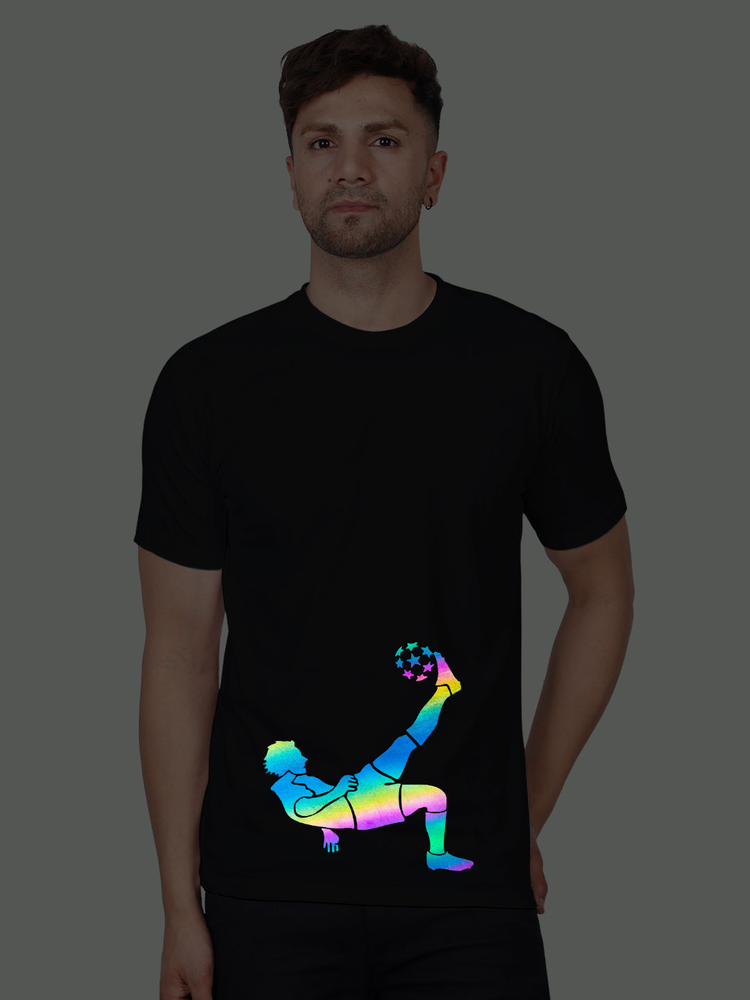 Black Cotton Magical Kick Men Rainbow Reflective T-shirt