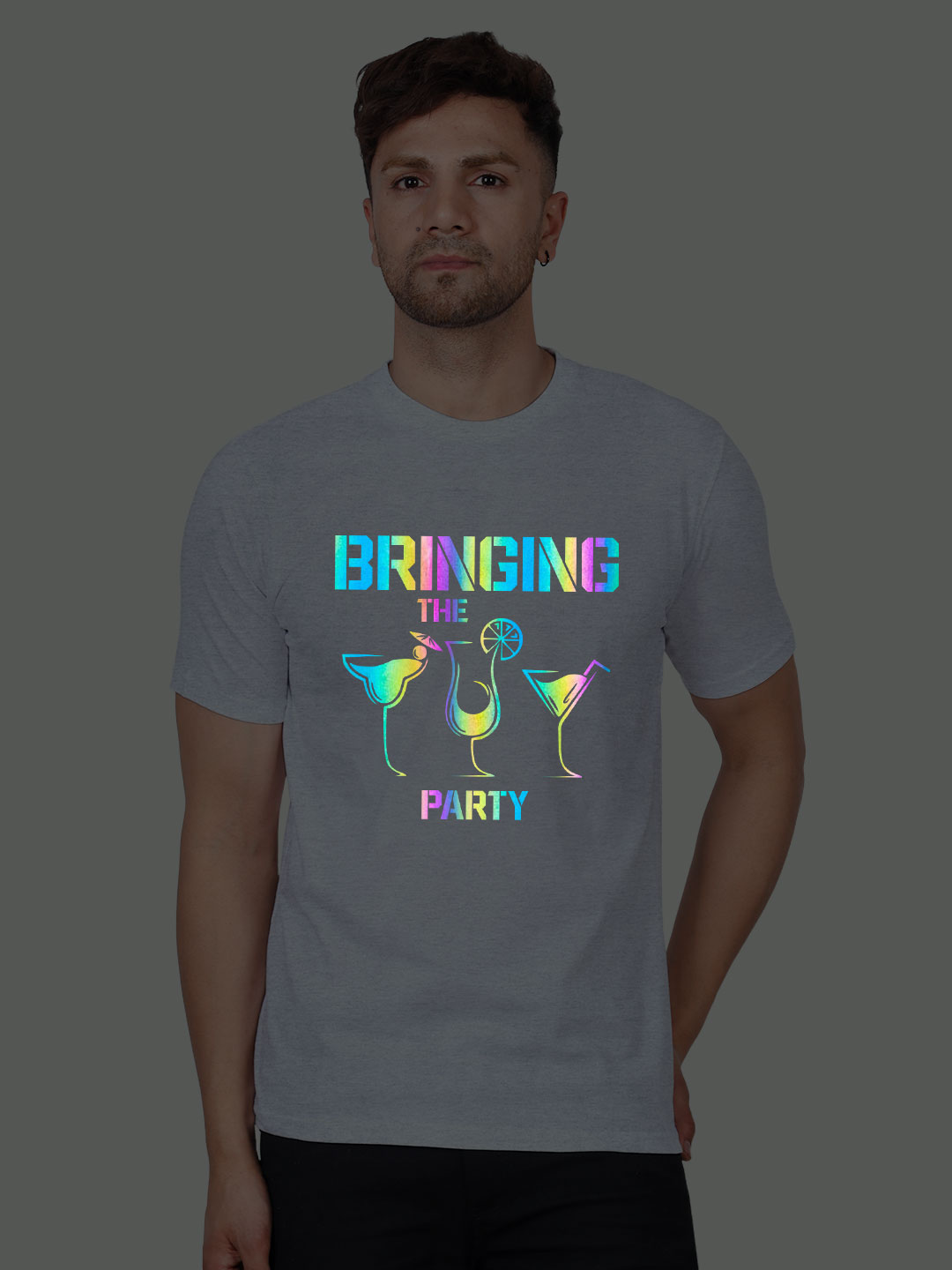 Grey Cotton Bringing the Party Men Rainbow Reflective T-shirt