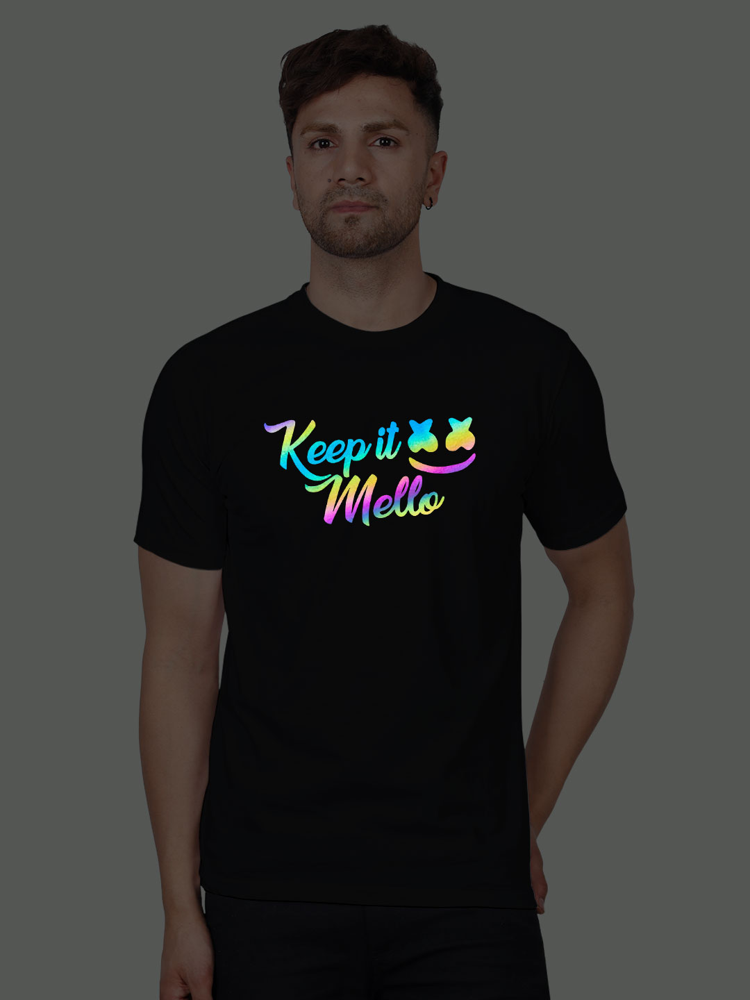 Black Cotton Keep it Mello Men Rainbow Reflective T-shirt