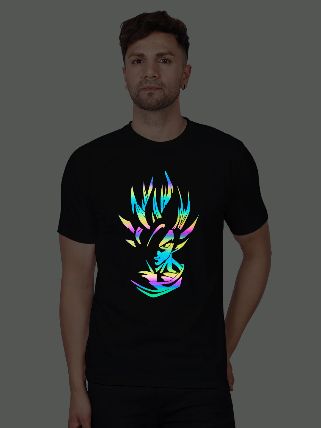 Black Cotton Goku Men Rainbow Reflective T-shirt