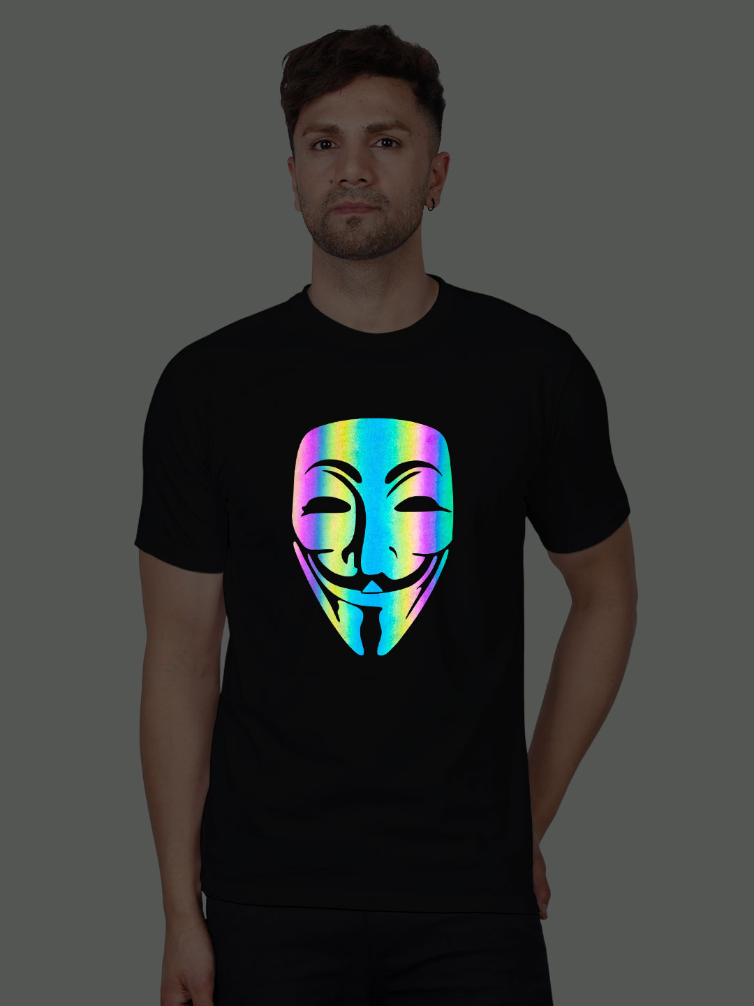 Black Cotton Hacker Face Men Rainbow Reflective T-shirt