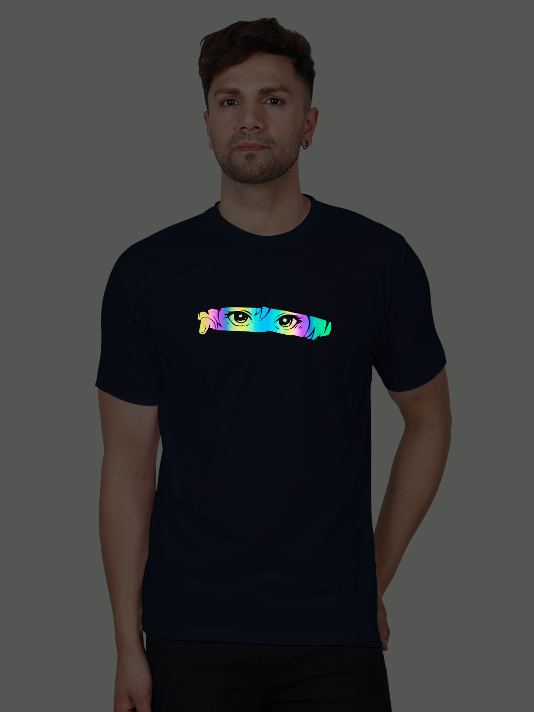 Nblue Cotton Anime Eye Men Rainbow Reflective T-shirt