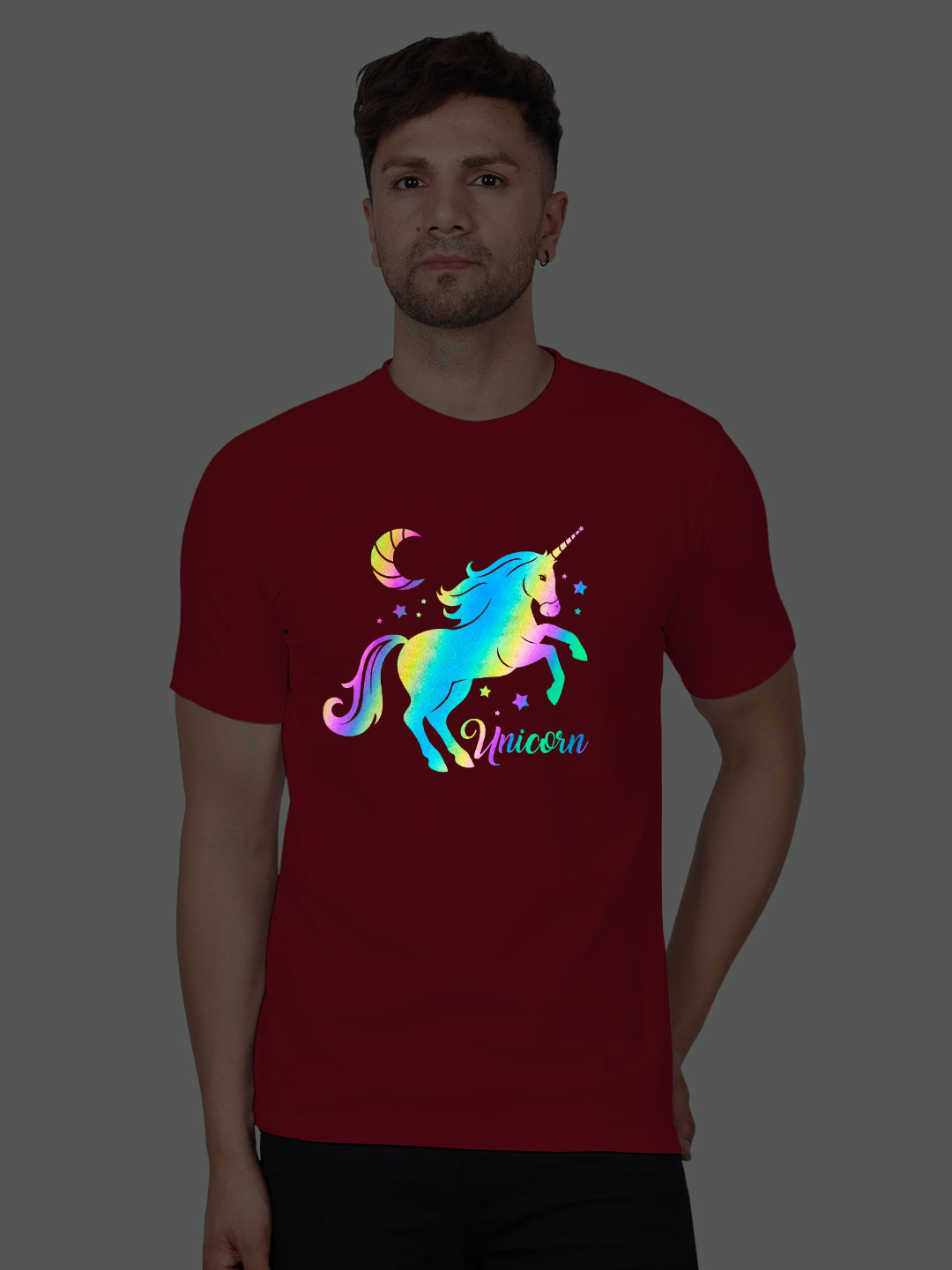 Red Cotton Unicorn Horse Men Rainbow Reflective T-shirt