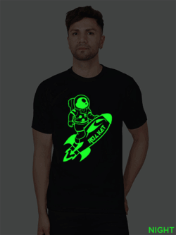 Black Cotton Astronaut Rocket Men Glow in Dark T-shirt