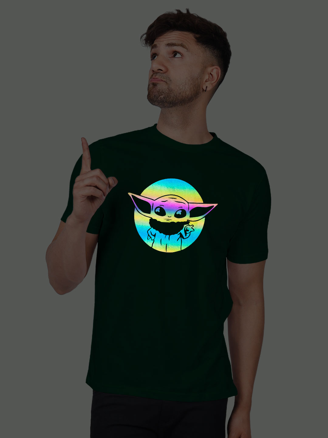 Bgreen Cotton Cute Baby Yoda Men Rainbow Reflective T-shirt