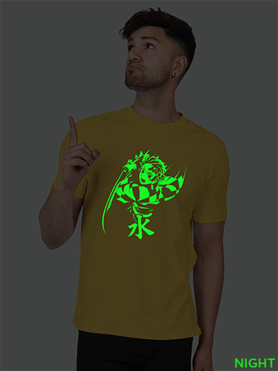 Yellow Cotton Tanjiro Kamado Men Glow in Dark T-shirt