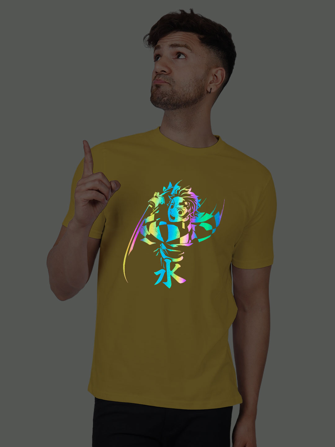 Yellow Cotton Tanjiro Kamado Men Rainbow Reflective T-shirt