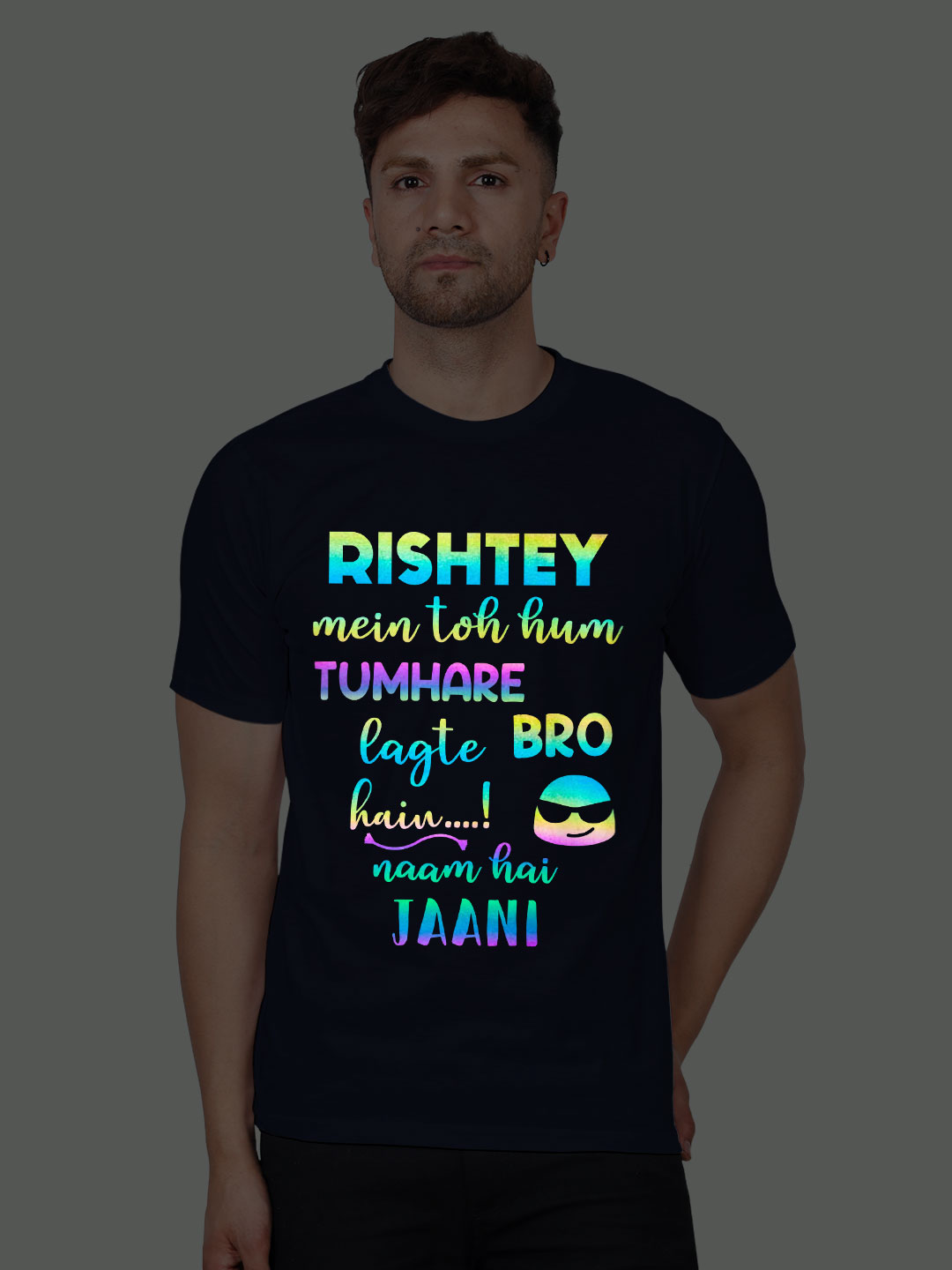 Nblue Cotton Ristey mein to toh hum tumhare Men Rainbow Reflective T-shirt