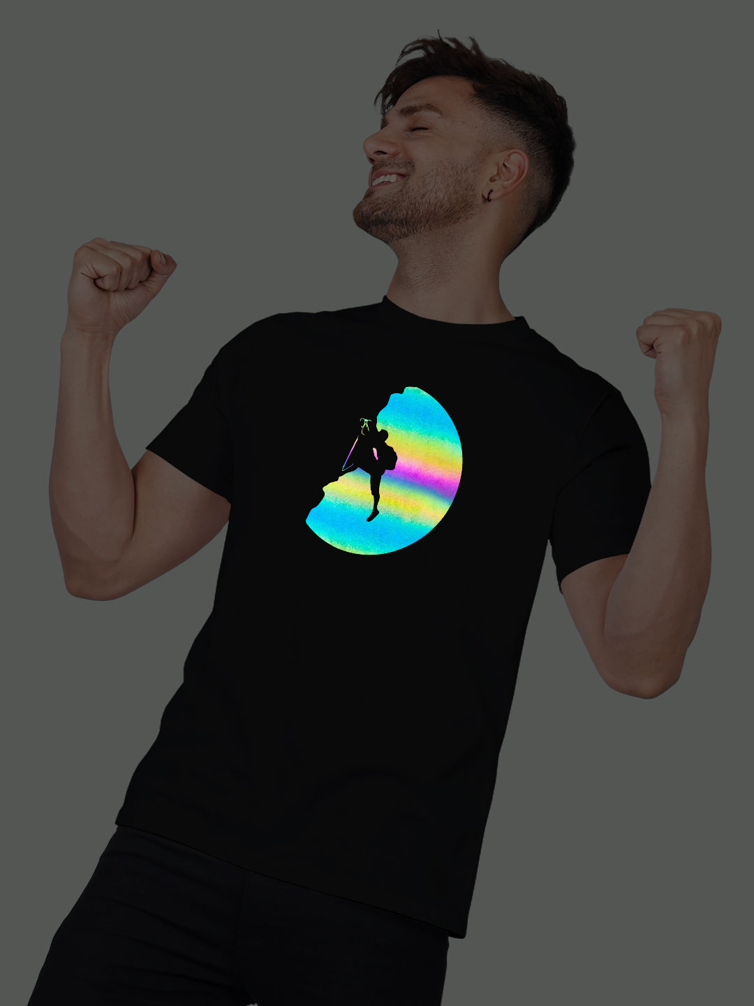 Black Cotton Trekking Men Rainbow Reflective T-shirt