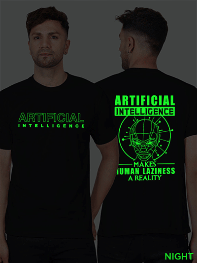 Black Cotton Artificial Inteligence Men Glow in Dark T-shirt