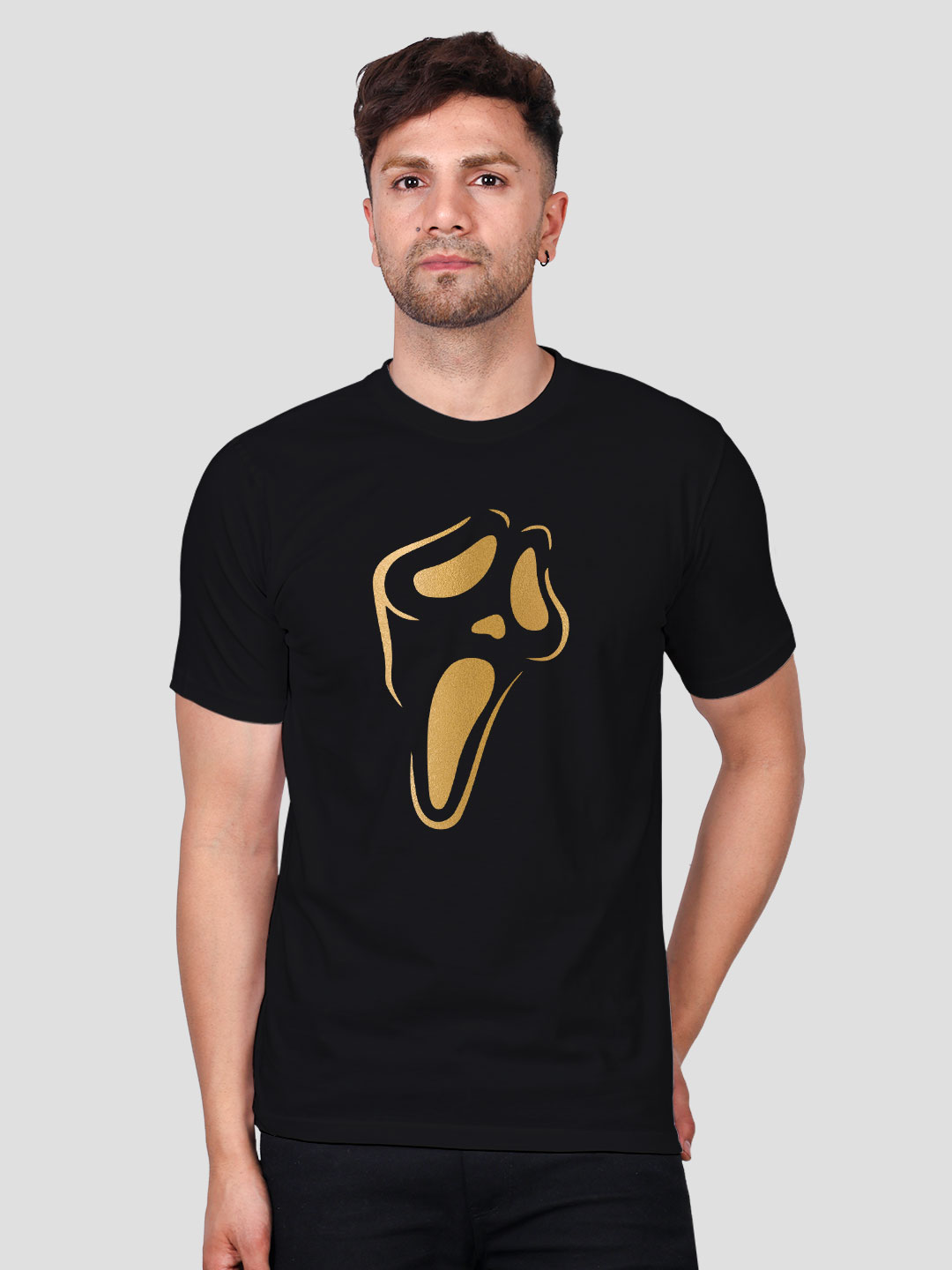 RA153-BLACK-MAN-HST-GOLD-(1) Black Cotton Ghost Men Gold Printed T-shirt