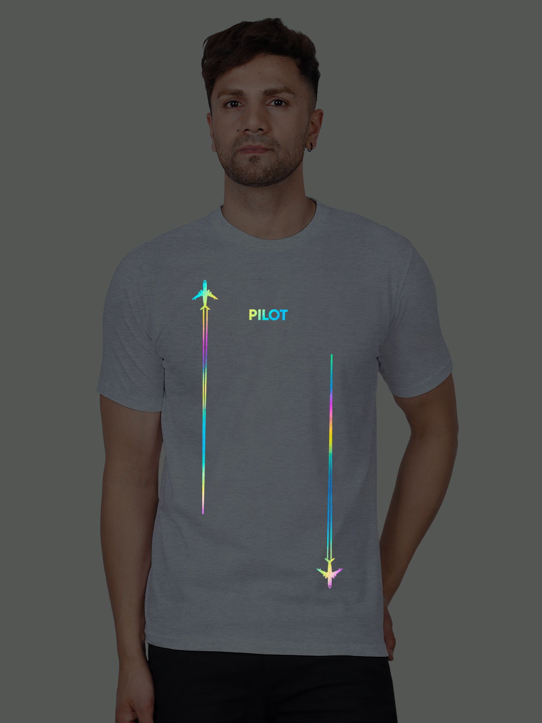 Grey Cotton Pilot Men Rainbow Reflective T-shirt