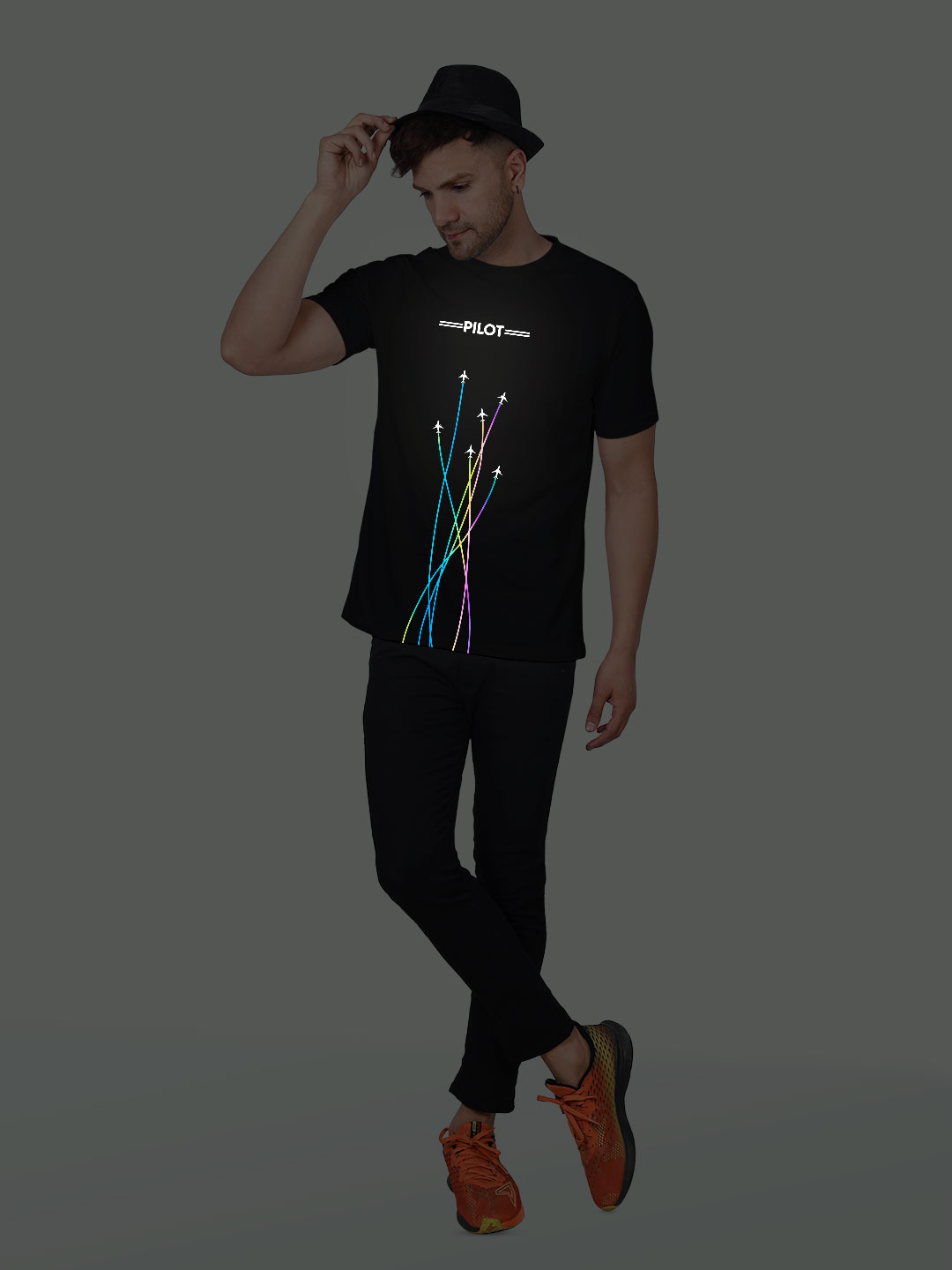 Black Cotton Pilot Fly Men Rainbow Reflective T-shirt