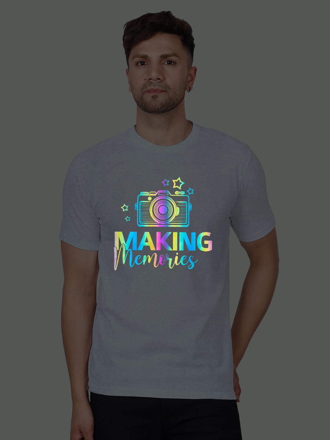 Grey Cotton Making Memories Men Rainbow Reflective T-shirt
