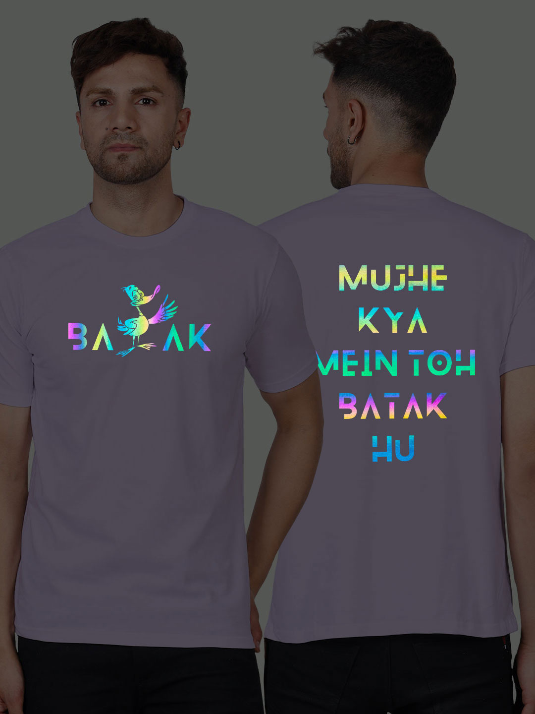 Lavender Cotton Mujhe Kya Mai to Batak Hun Men Rainbow Reflective T-shirt