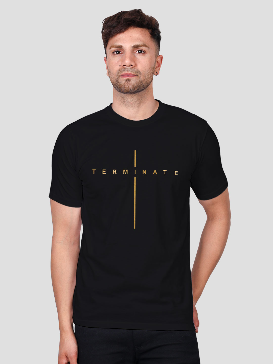 RA174-BLACK-MAN-HST-GOLD-(1) Black Cotton Terminator Men Gold Printed T-shirt