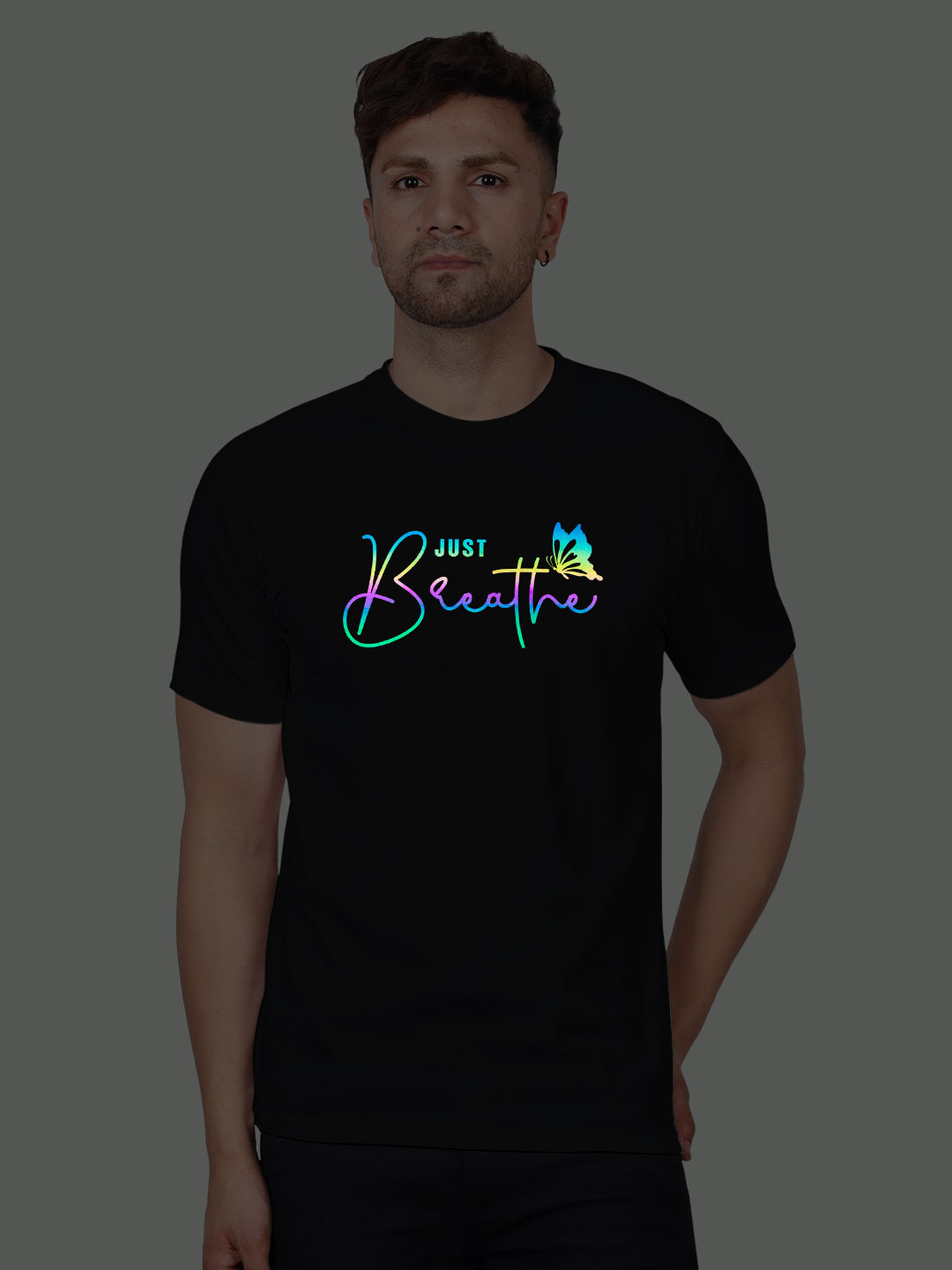 Black Cotton Just Breath Butterfly Men Rainbow Reflective T-shirt