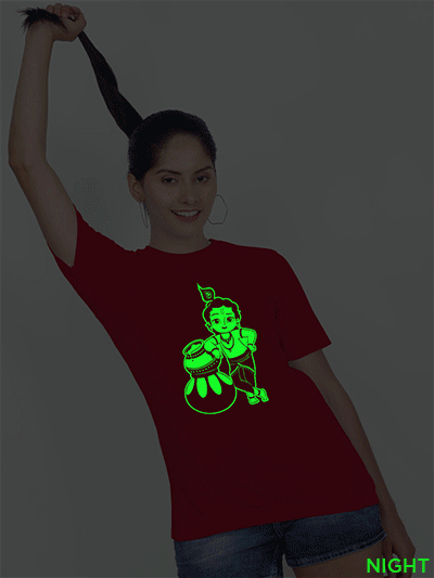 Red Cotton Krishna Glow in Dark Women T-shirt